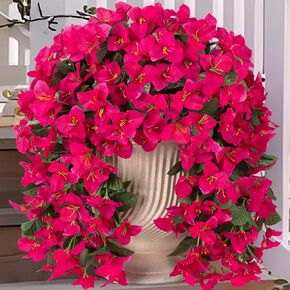 2 pcs Artificial Faux Bougainvillea Flowers Plants for Outdoor Outside Summer Decoration, Fake Silk UV Resistant Long Trailing Vines for Front Door Porch Planter Balcony (Rose Deep Lotus)