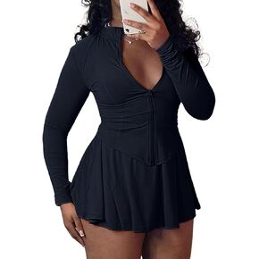 Adogirl Womens Sexy Flared Tennis Skirt Sets Slim Zip Up Jacket 2 Piece Outfits Athletic Matching Mini Dress with Shorts