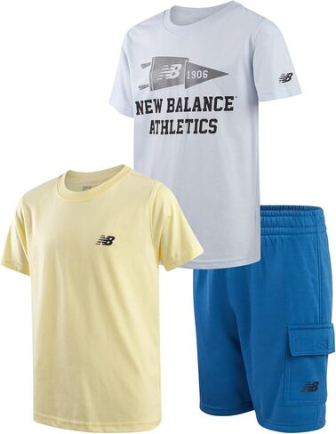 مجموعة New Balance Boys Shorts - 3 قطعة قصيرة الأكمام Crewneck Logo Tee وقصيرة الصوف غير الرسمية للأولاد (الأحجام: 8-12) in Saudi Arabia