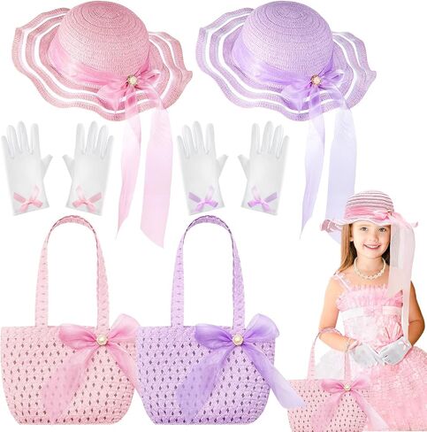 Zhanmai 6 PCS Girls Tea Party Hats accsitations stit Kids Bonnets Bonnets Hats and Gloves For Girls Dress Up Favors in Kuwait