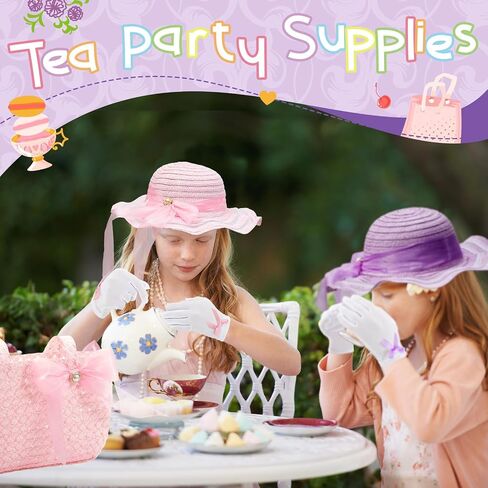 Zhanmai 6 PCS Girls Tea Party Hats accsitations stit Kids Bonnets Bonnets Hats and Gloves For Girls Dress Up Favors in Kuwait