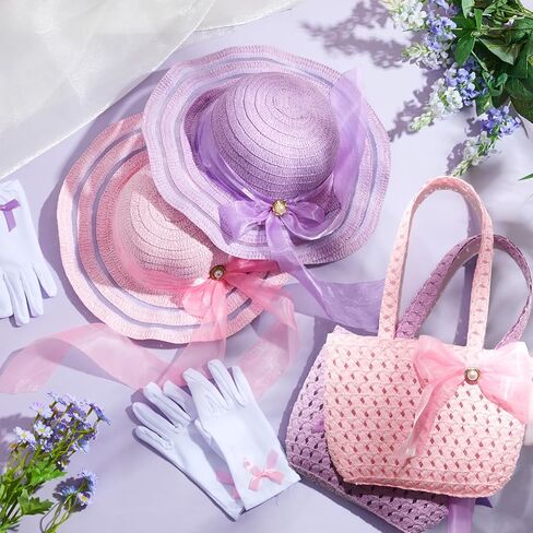 Zhanmai 6 PCS Girls Tea Party Hats accsitations stit Kids Bonnets Bonnets Hats and Gloves For Girls Dress Up Favors in Kuwait
