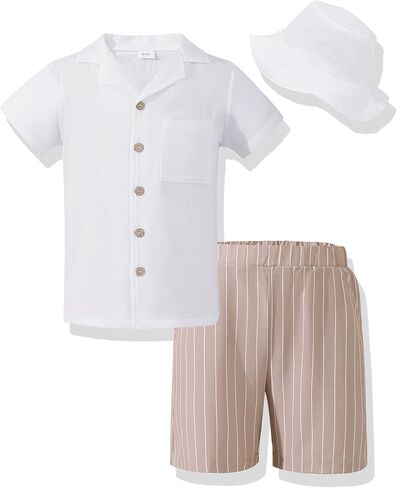 Boys Summer Clothes Linen Button Down Shirts And Short Set Big Kid Beach Vacation Short Sleeve Outfits With Hat in Kuwait