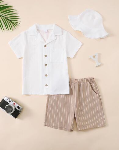 Boys Summer Clothes Linen Button Down Shirts And Short Set Big Kid Beach Vacation Short Sleeve Outfits With Hat in Kuwait
