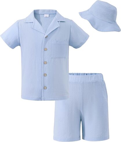 Boys Summer Cloth Clute Button Down Downshs and Short Press Big Kid Beach Vacation String Short Sleeve With With Hat in Kuwait