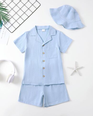 Boys Summer Cloth Clute Button Down Downshs and Short Press Big Kid Beach Vacation String Short Sleeve With With Hat in Kuwait