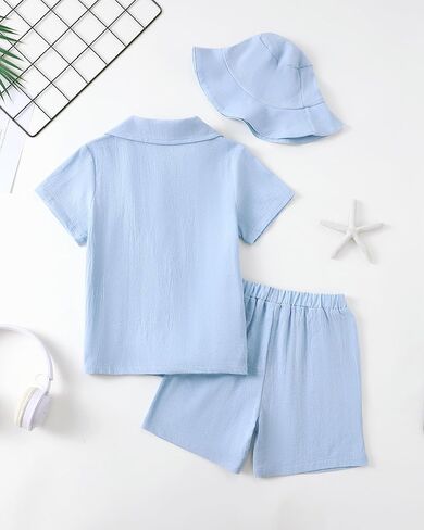 Boys Summer Cloth Clute Button Down Downshs and Short Press Big Kid Beach Vacation String Short Sleeve With With Hat in Kuwait