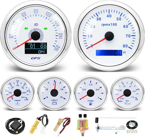 6 مجموعة مقياس تلقائي للقارب-3-3/8 "عداد السرعة GPS ، مقياس سرعة الدوران ، ضغط الزيت 2-1/16" ، مستوى الوقود ، درجة حرارة الماء ، فولتميتر مارين متر مقاوم للماء 7 (أسود وفضي) in Kuwait