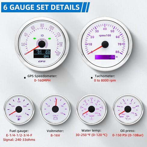 6 مجموعة مقياس تلقائي للقارب-3-3/8 "عداد السرعة GPS ، مقياس سرعة الدوران ، ضغط الزيت 2-1/16" ، مستوى الوقود ، درجة حرارة الماء ، فولتميتر مارين متر مقاوم للماء 7 (أسود وفضي) in Kuwait