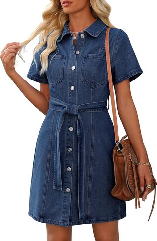Women's Denim Dress Short Sleeve Jean Dress Button Down Babydoll Denim Shirt Dresses with Pocket 2025 Outfits in Saudi Arabia