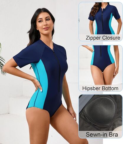 غلاف هالكورت للسيدات القصير قطعة واحدة من الحارس من ملابس السباحة zip zip upf50+ بدلة الاستحمام الرياضية للتصفح in Saudi Arabia