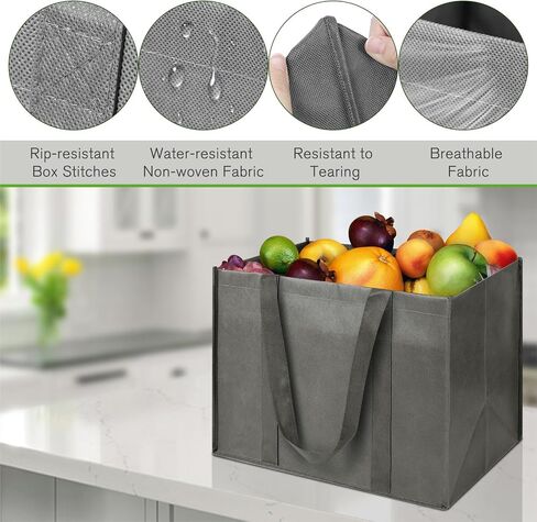 LadyRosian 10 Pack Heavy Duty Kitchen Reusable Grocery Bags, Durable XL Shopping Tote with Handle Can Hold 45+lbs, Stands Upright, Foldable & Washable (Black) in Saudi Arabia