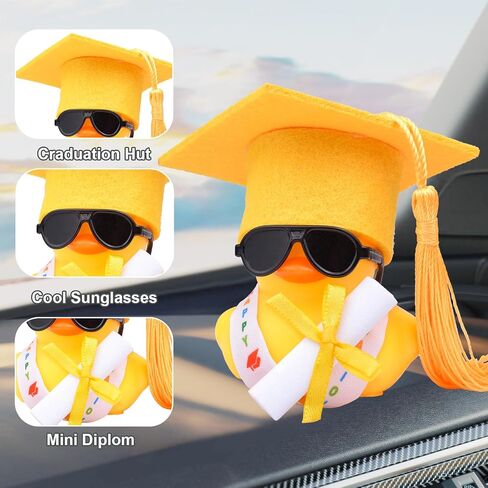 Graduation Duck Car Ornament, Rubber Duck Car Dashboard Decor with Mini Graduation Hat Sunglasses Diploma. in Kuwait