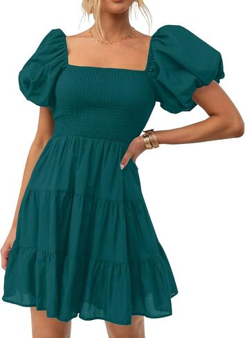 ZESICA Women's Boho 2025 Summer Square Neck Puff Sleeve Off Shoulder Smocked Tiered Casual A Line Short Mini Dress in Saudi Arabia