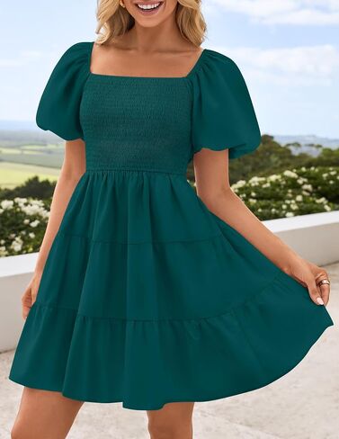 ZESICA Women's Boho 2025 Summer Square Neck Puff Sleeve Off Shoulder Smocked Tiered Casual A Line Short Mini Dress in Saudi Arabia