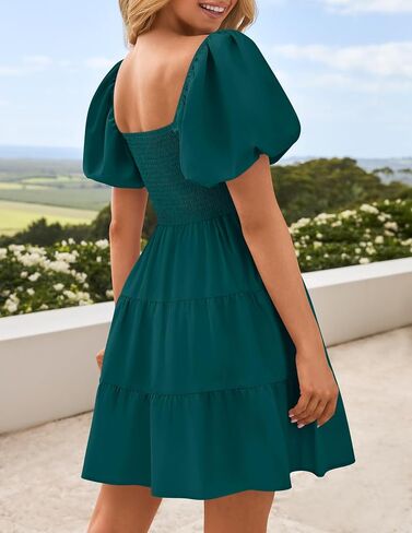 ZESICA Women's Boho 2025 Summer Square Neck Puff Sleeve Off Shoulder Smocked Tiered Casual A Line Short Mini Dress in Saudi Arabia