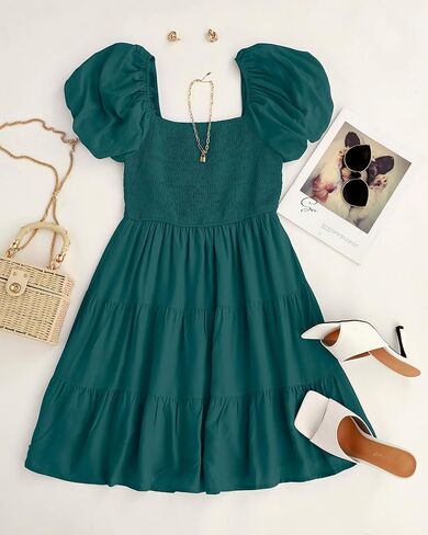 ZESICA Women's Boho 2025 Summer Square Neck Puff Sleeve Off Shoulder Smocked Tiered Casual A Line Short Mini Dress in Saudi Arabia