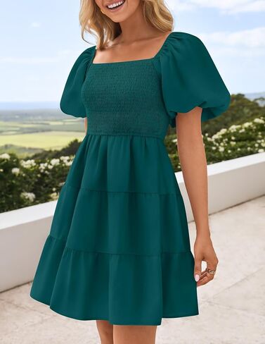 ZESICA Women's Boho 2025 Summer Square Neck Puff Sleeve Off Shoulder Smocked Tiered Casual A Line Short Mini Dress in Saudi Arabia