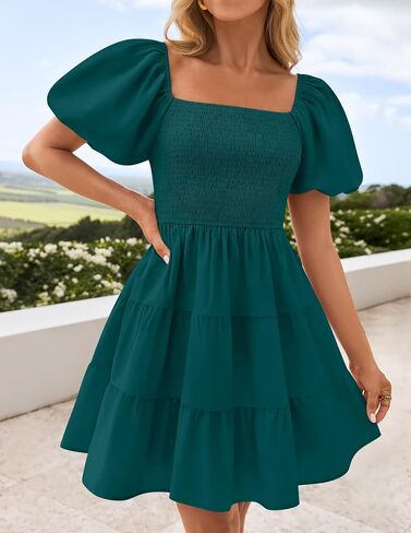 ZESICA Women's Boho 2025 Summer Square Neck Puff Sleeve Off Shoulder Smocked Tiered Casual A Line Short Mini Dress in Saudi Arabia