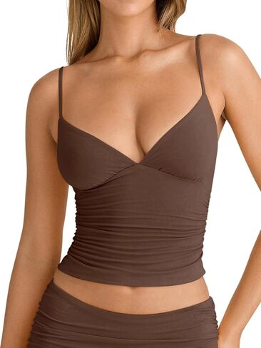 PINKMSTYLE Women's Sexy V Neck Ruched Cami Top Sleeveless Spaghetti Double Layer Fitted Crop Tank Tops in Saudi Arabia
