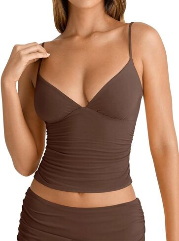 PINKMSTYLE Women's Sexy V Neck Ruched Cami Top Sleeveless Spaghetti Double Layer Fitted Crop Tank Tops in Saudi Arabia