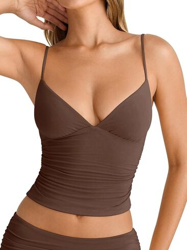 PINKMSTYLE Women's Sexy V Neck Ruched Cami Top Sleeveless Spaghetti Double Layer Fitted Crop Tank Tops in Saudi Arabia