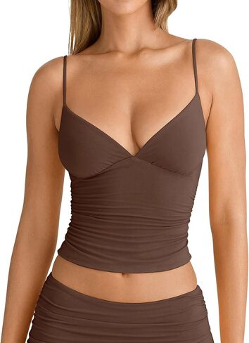 PINKMSTYLE Women's Sexy V Neck Ruched Cami Top Sleeveless Spaghetti Double Layer Fitted Crop Tank Tops in Saudi Arabia