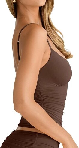PINKMSTYLE Women's Sexy V Neck Ruched Cami Top Sleeveless Spaghetti Double Layer Fitted Crop Tank Tops in Saudi Arabia