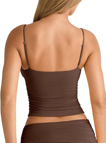 PINKMSTYLE Women's Sexy V Neck Ruched Cami Top Sleeveless Spaghetti Double Layer Fitted Crop Tank Tops in Saudi Arabia
