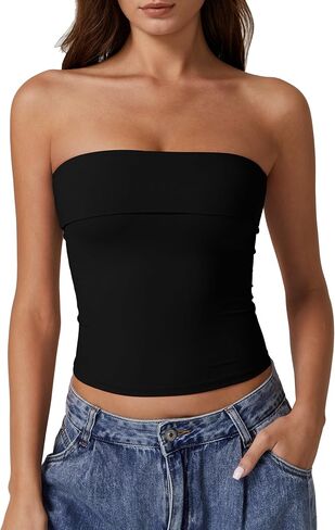 QINSEN Women's Tube Tops Strapless Bandeau Tops Double Lined Slim Fit Summer Going Out Tank Tops in Saudi Arabia