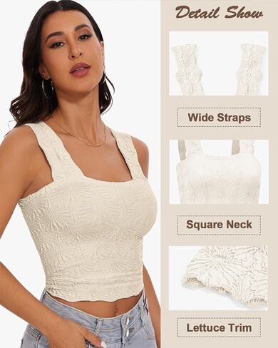 Women's Square Neck Wide Strap Crop Tank Tops Slim Fit Sleeveless Going Out Top Flower Lettuce Trim Cami Tops in Saudi Arabia