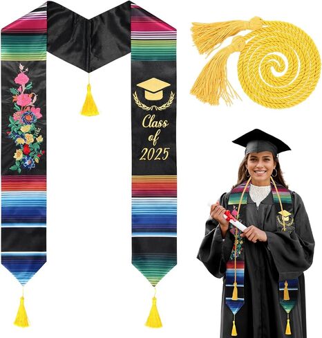 Embroidery Mexican Graduation Stole Class of 2025,Mexican Graduation Sash with Gold Honor Cord for Mexican Graduates in Saudi Arabia