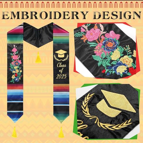 Embroidery Mexican Graduation Stole Class of 2025,Mexican Graduation Sash with Gold Honor Cord for Mexican Graduates in Saudi Arabia