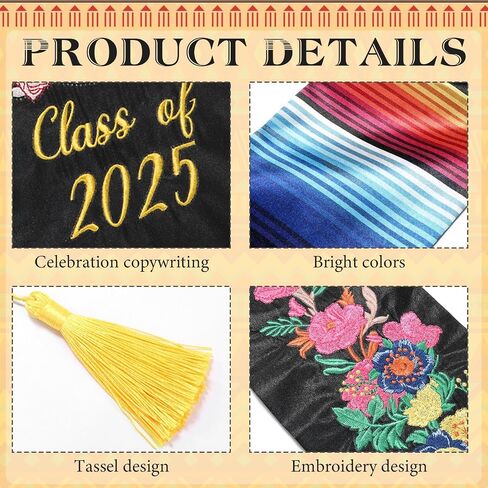 Embroidery Mexican Graduation Stole Class of 2025,Mexican Graduation Sash with Gold Honor Cord for Mexican Graduates in Saudi Arabia