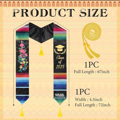 Embroidery Mexican Graduation Stole Class of 2025,Mexican Graduation Sash with Gold Honor Cord for Mexican Graduates in Saudi Arabia