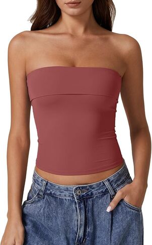 QINSEN Women's Tube Tops Strapless Bandeau Tops Double Lined Slim Fit Summer Going Out Tank Tops in Saudi Arabia