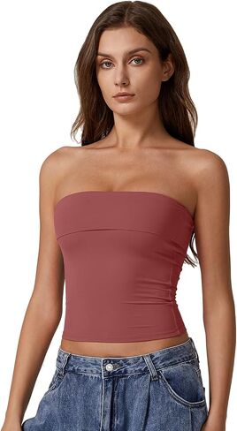QINSEN Women's Tube Tops Strapless Bandeau Tops Double Lined Slim Fit Summer Going Out Tank Tops in Saudi Arabia