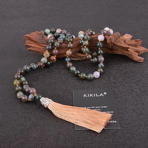 KIKILA Mala Beads 108 Natural Stone GemStones Japamala Yoga Meditation Hand Knotted Beaded Tassel Necklace for Women Men in Kuwait
