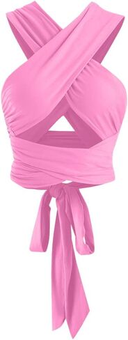 Zaful Womens مضلعة المحصول الرسن أعلى الدانتيل من الدانتيل اقتصاص كامي باندانا أعلى الكريس كروس غلاف الطباعة أعلى الخزان in Kuwait
