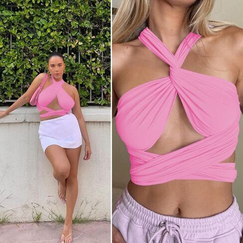 Zaful Womens مضلعة المحصول الرسن أعلى الدانتيل من الدانتيل اقتصاص كامي باندانا أعلى الكريس كروس غلاف الطباعة أعلى الخزان in Kuwait