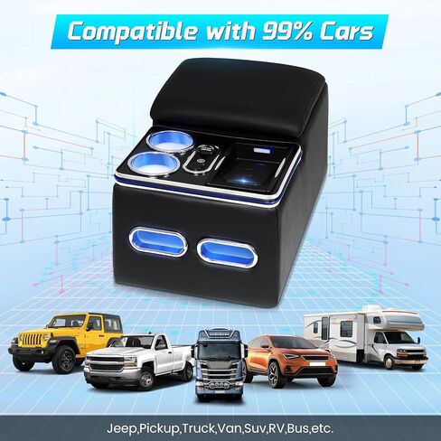 Universal Center Console Consolerest Armrest مع كأس حامل الهاتف الشحن اللاسلكي ، وحدة التحكم في مركز مقعد الشاحنات ، سيارة مسند ذراع المقعد الخلفي ، شاحنة صغيرة للسيارات ، منظم مسند وحدة التحكم المركزية in Kuwait
