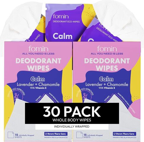 FOMIN Travel Deodorant Wipes - 30 Count - Lavender and Chamomile pH Balanced, Hypoallergenic Mini Deodorant Wipes For Women and Men - Plastic-Free, Individually Wrapped Underarm & Body Wipes in Kuwait