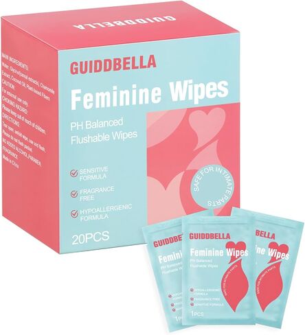 Feminine Wipes for Women - Individually Wrapped Flushable Wipes, PH-Balanced, Alcohol-Free, Unscented, Safe for Sensitive Skin (20 Count) in Saudi Arabia