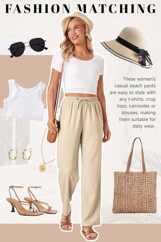 TOPYOGAS Womens High Waist Drawstring Stretch Casual Pants Summer Loose Pants Straight Trousers with Pockets in Kuwait