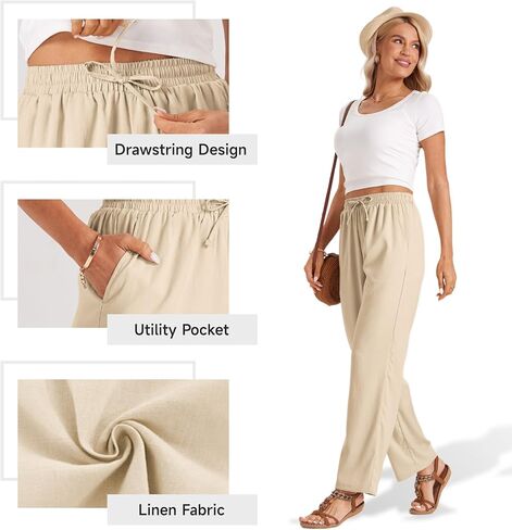 TOPYOGAS Womens High Waist Drawstring Stretch Casual Pants Summer Loose Pants Straight Trousers with Pockets in Kuwait