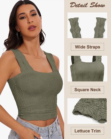 Women's Square Neck Wide Strap Crop Tank Tops Slim Fit Sleeveless Going Out Top Flower Lettuce Trim Cami Tops in Saudi Arabia