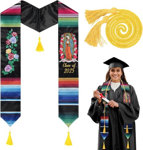 Embroidery Mexican Graduation Stole Class of 2025,Mexican Graduation Sash with Gold Honor Cord for Mexican Graduates in Saudi Arabia