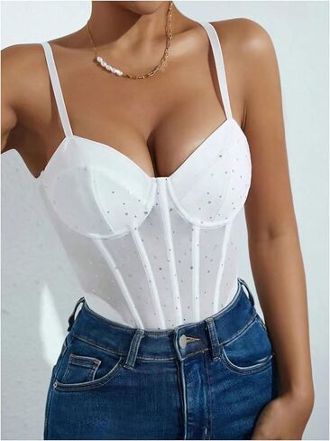 SweatyRocks Women's Corset Bodysuit Mesh Sheer Sleeveless Cami Jumpsuit Shirts Tops in Kuwait