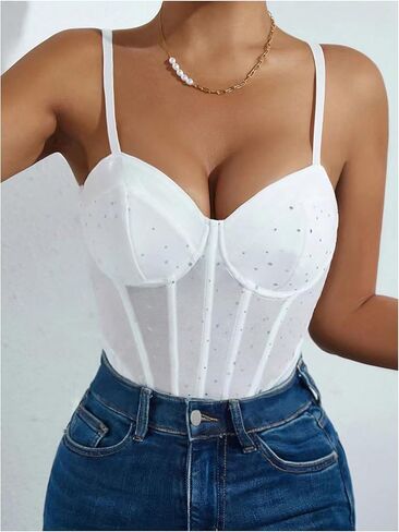 SweatyRocks Women's Corset Bodysuit Mesh Sheer Sleeveless Cami Jumpsuit Shirts Tops in Kuwait