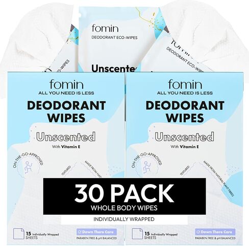 FOMIN Travel Deodorant Wipes - 30 Count - Lavender and Chamomile pH Balanced, Hypoallergenic Mini Deodorant Wipes For Women and Men - Plastic-Free, Individually Wrapped Underarm & Body Wipes in Kuwait